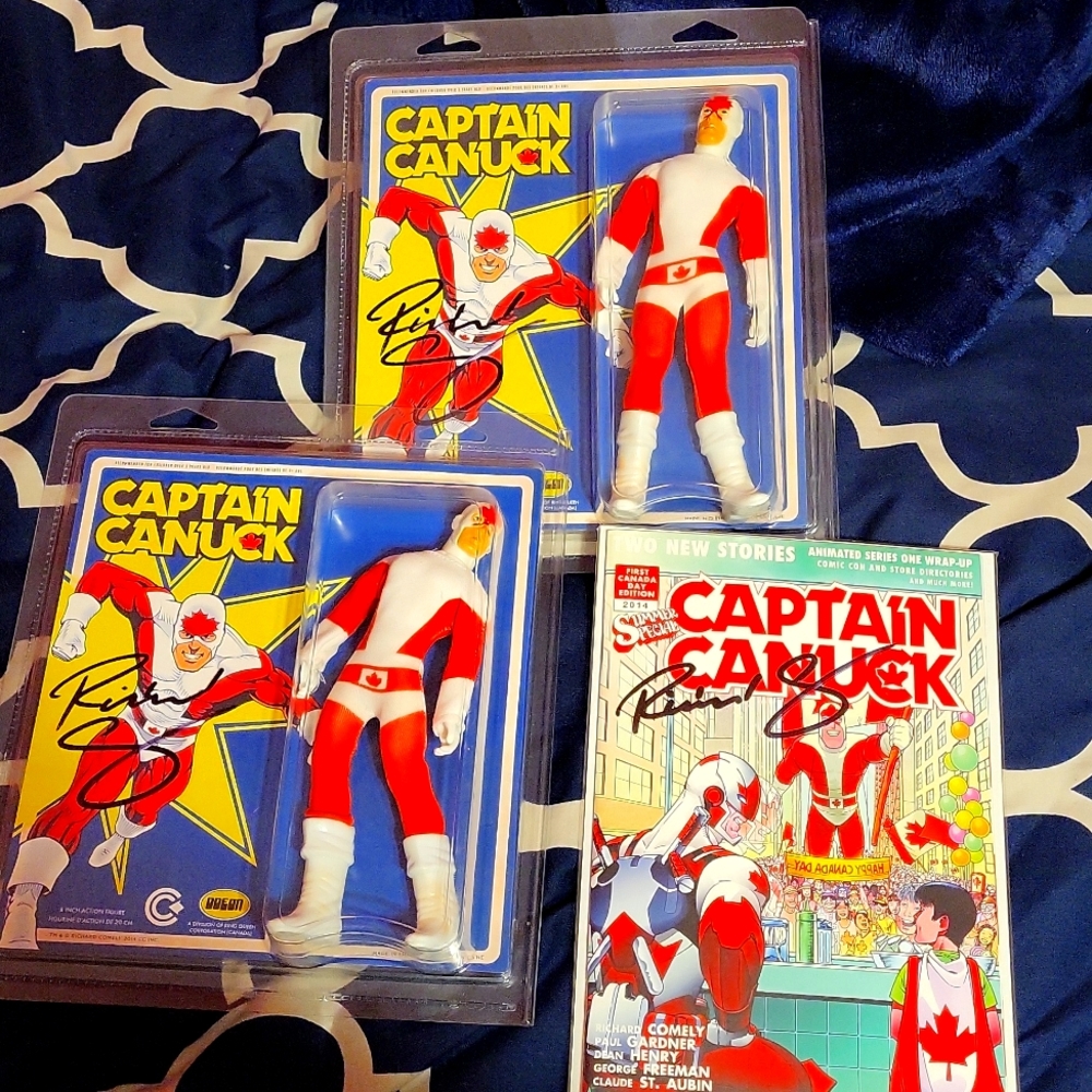 2 signed Captain Canuck(bnib) figures and 1 signed comic